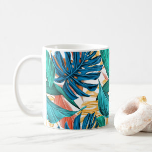 Colorful tropical leaves, exotic pattern design, coffee mug