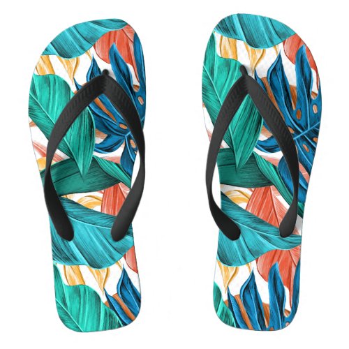 Colorful tropical leaves exotic pattern design flip flops