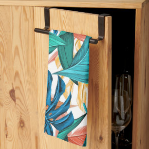 Colorful tropical leaves, exotic pattern design, kitchen towel