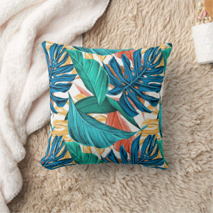 Colorful tropical leaves, exotic pattern design, throw pillow