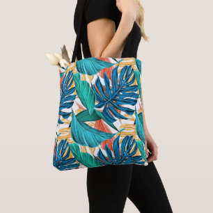 Colorful tropical leaves, exotic pattern design, tote bag