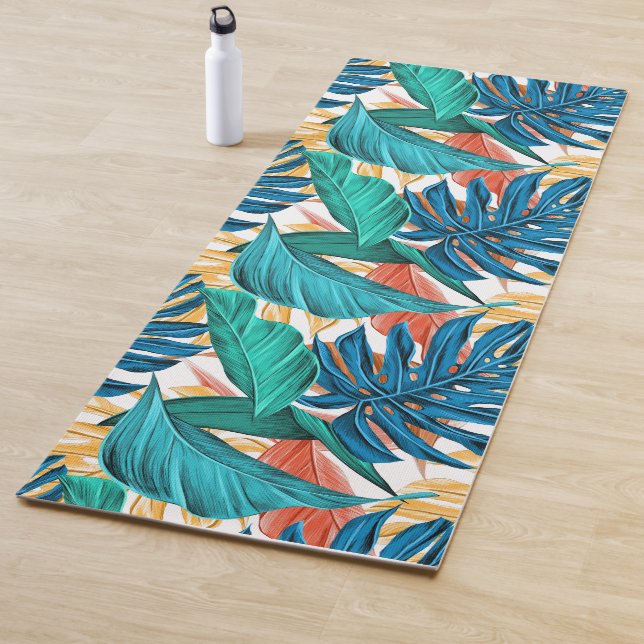 Colorful tropical leaves, exotic pattern design, yoga mat (In Situ)
