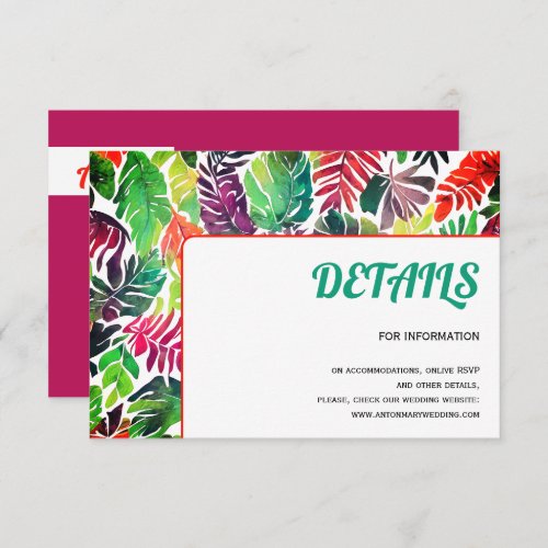 Colorful tropical leaves frame maximalist wedding enclosure card