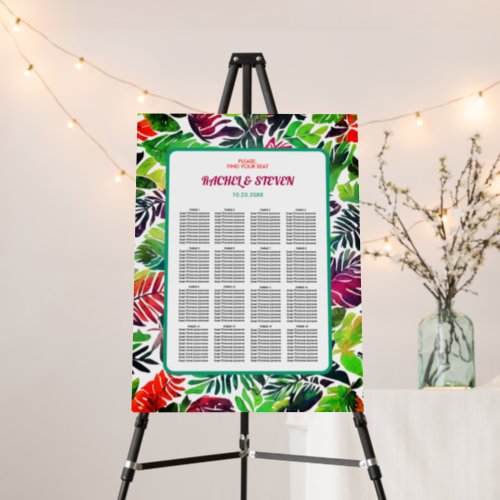 Colorful tropical leaves maximalist seating chart foam board