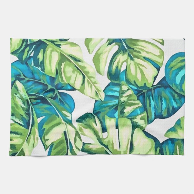Colorful Tropical Leaves Of Banana and Monstera Kitchen Towel (Horizontal)