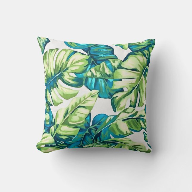 Colorful Tropical Leaves Of Banana and Monstera Throw Pillow (Front)