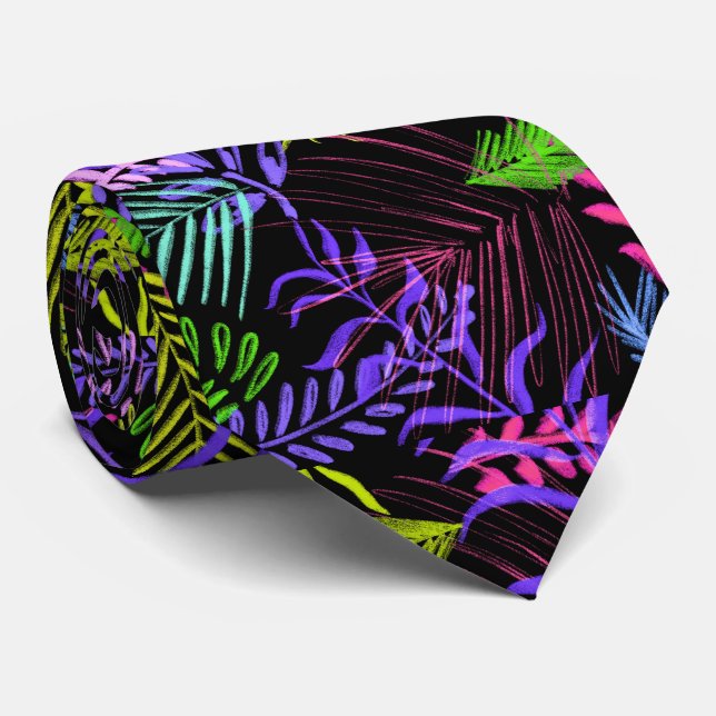 Colorful Tropical Leaves on Black Neck Tie (Rolled)