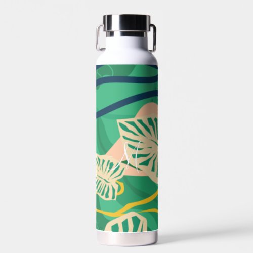 Colorful Tropical Leaves on Green Water Bottle