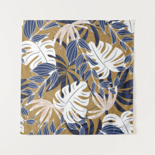 Colorful Tropical Leaves Orange Background Tapestry