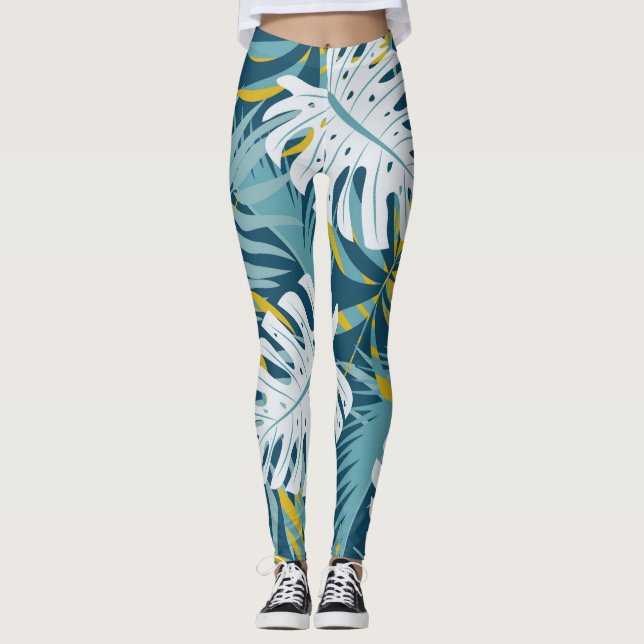 Colorful tropical leaves, original abstract patter leggings (Front)