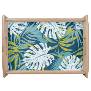 Colorful tropical leaves, original abstract patter serving tray