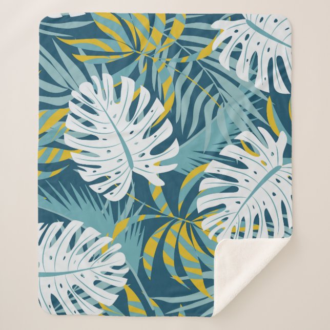 Colorful tropical leaves, original abstract patter sherpa blanket (Front)