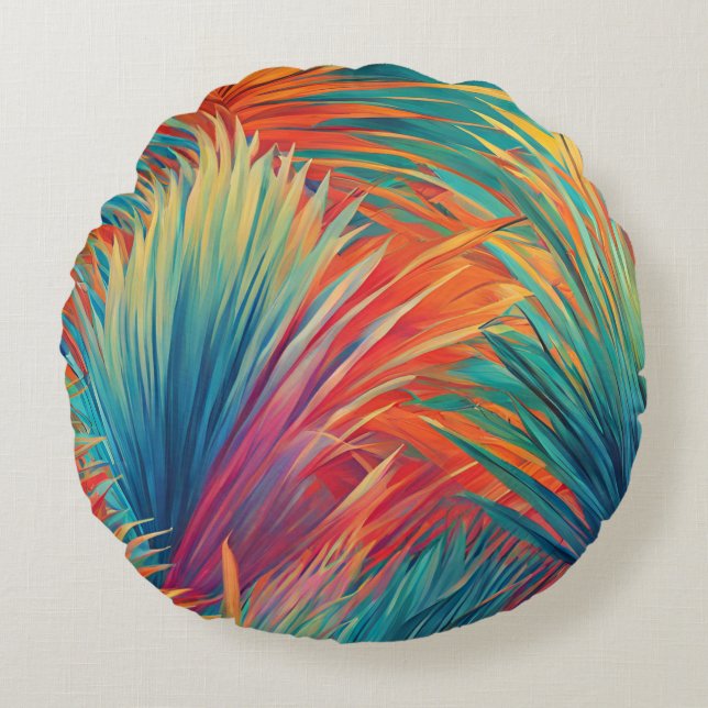 Colorful Tropical Leaves Palm Fronds Leaf Design Round Pillow (Front)