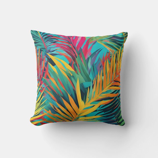 Colorful Tropical Leaves Palm Fronds Throw Pillow (Front)
