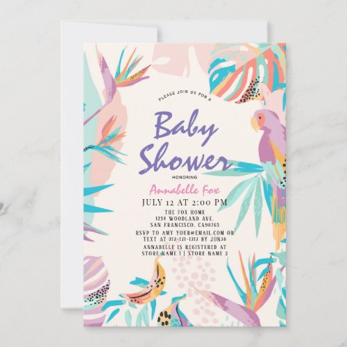 Colorful Tropical leaves Parrot Baby Shower Invita Invitation