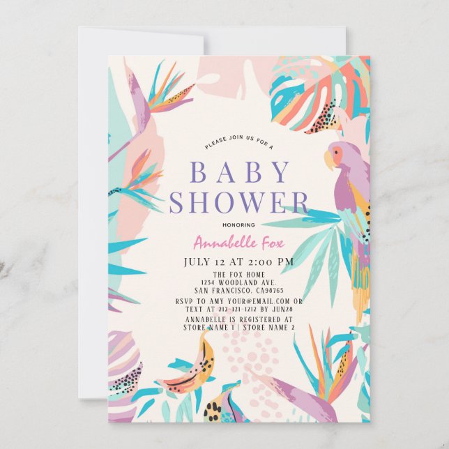 Colorful Tropical leaves Parrot Baby Shower Invitation (Front)