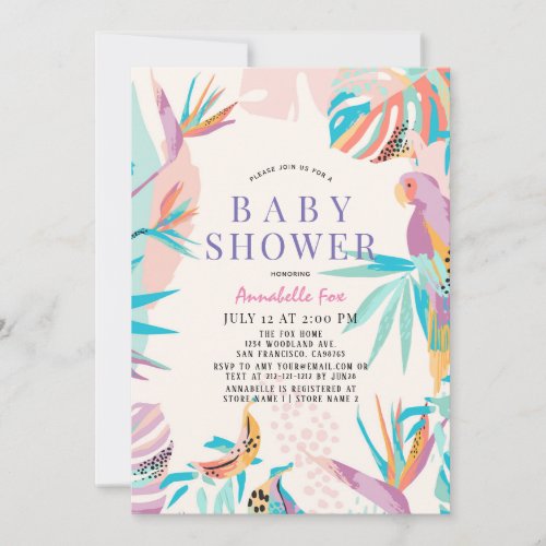 Colorful Tropical leaves Parrot Baby Shower Invitation