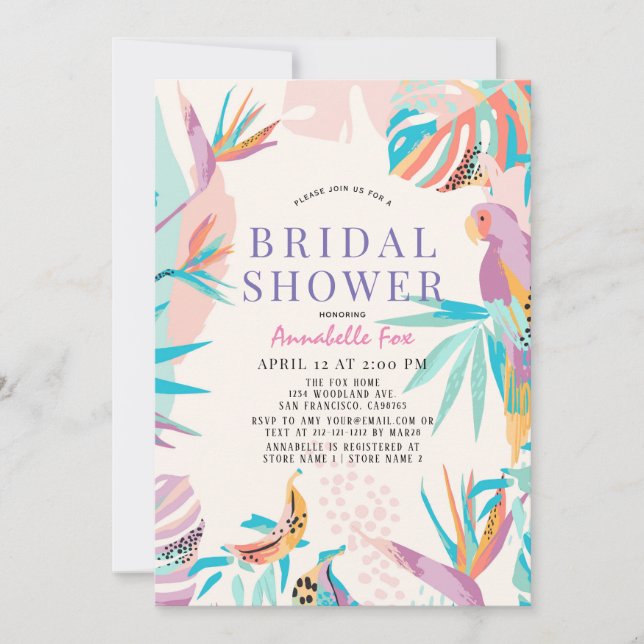 Colorful Tropical leaves Parrot Bridal Shower Invitation (Front)