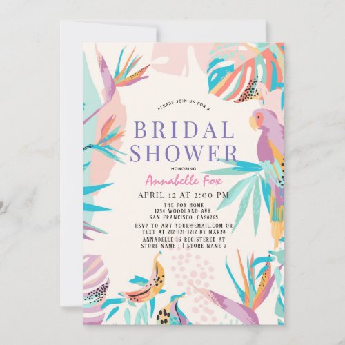 Colorful Tropical leaves Parrot Bridal Shower Invitation