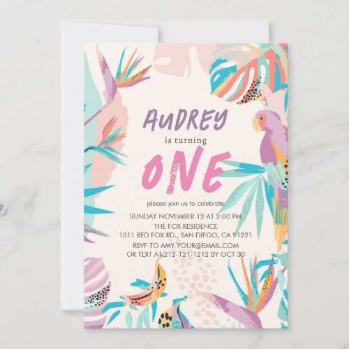 Colorful Tropical leaves Parrot Girl 1st Birthday Invitation