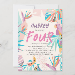 Colorful Tropical leaves Parrot Girl Birthday Invitation