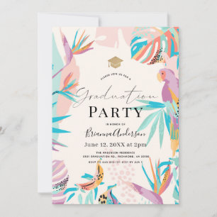 Colorful Tropical leaves Parrot Graduation Invitation