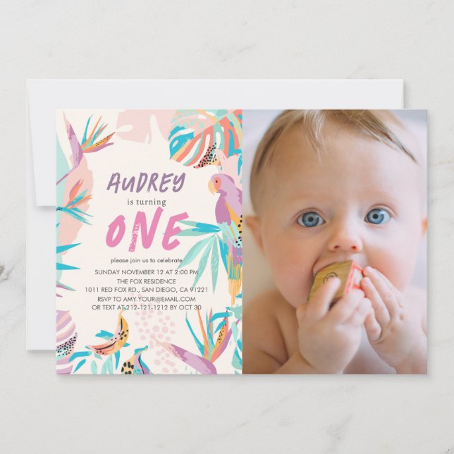 Colorful Tropical leaves Parrot Photo 1st Birthday Invitation (Front)