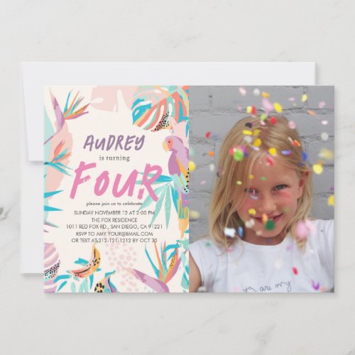 Colorful Tropical leaves Parrot Photo Birthday Invitation