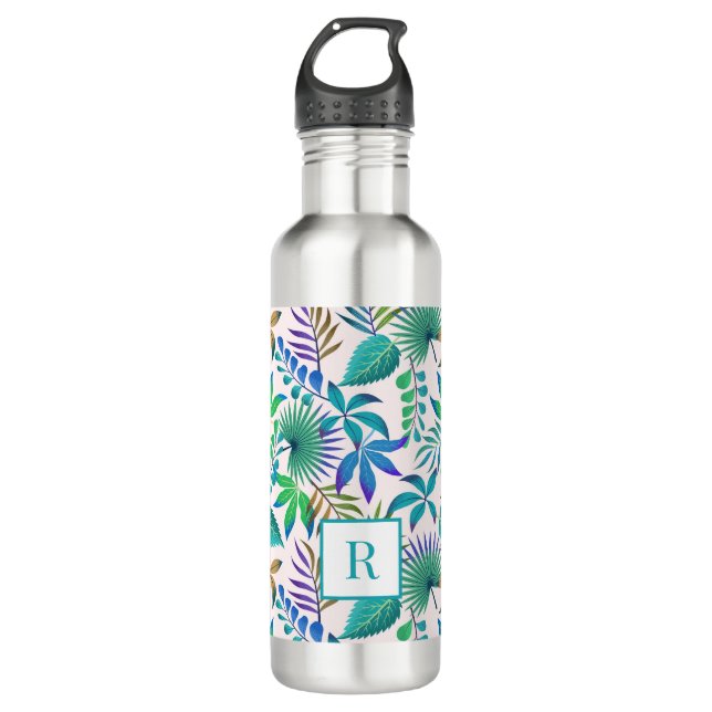 Colorful tropical leaves pattern monogram  stainless steel water bottle (Front)