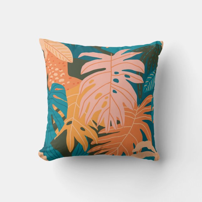 Colorful tropical leaves pattern throw pillow (Front)