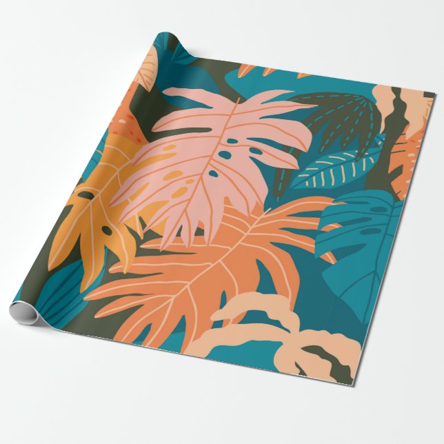 Colorful tropical leaves pattern wrapping paper (Unrolled)