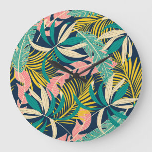Colorful tropical leaves: summer pattern. large clock