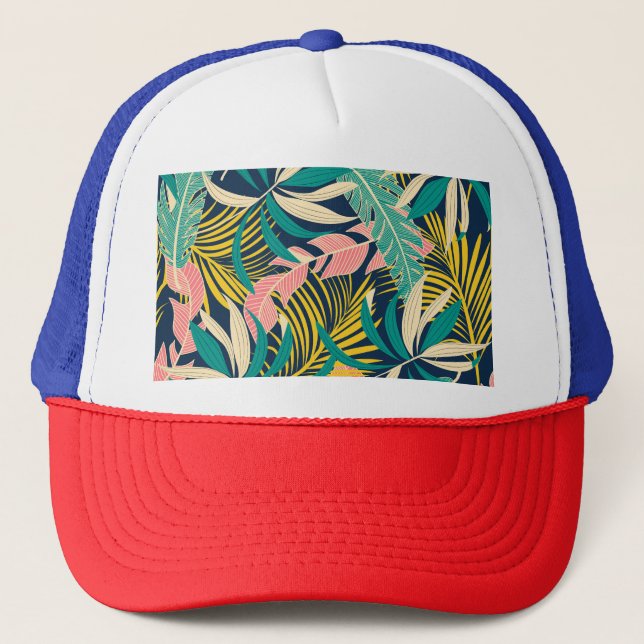 Colorful tropical leaves: summer pattern. trucker hat (Front)