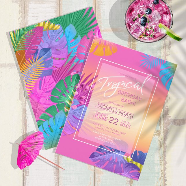 Colorful Tropical Leaves Sunset Birthday ID575 Invitation (Front/Back In Situ)