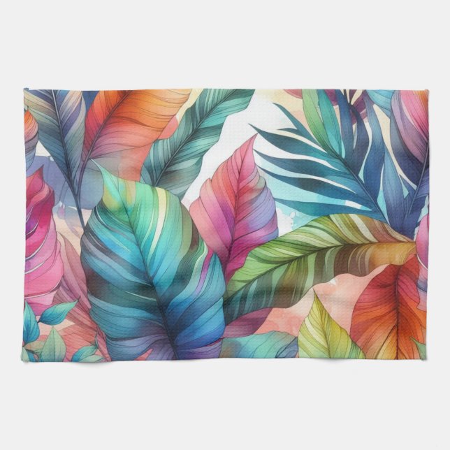 Colorful Tropical Leaves Watercolor Design Kitchen Towel (Horizontal)