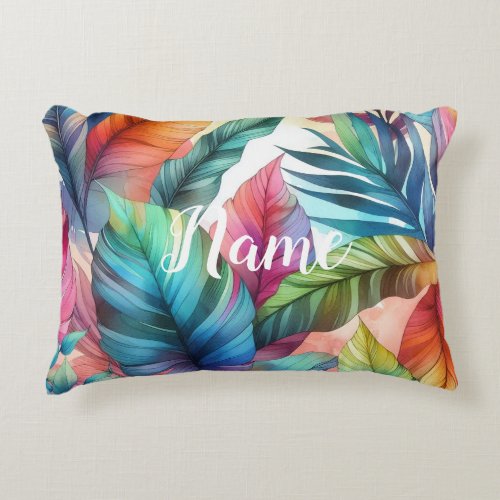 Colorful Tropical Leaves Watercolor Design Name Accent Pillow