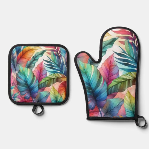 Colorful Tropical Leaves Watercolor Design Oven Mitt  Pot Holder Set