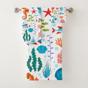 Colorful tropical marine life and animals pattern bath towel set