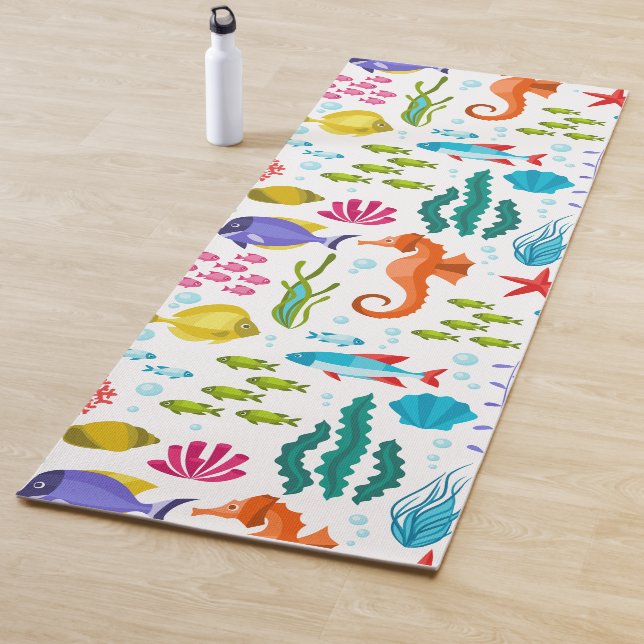 Colorful tropical marine life and animals pattern yoga mat (In Situ)
