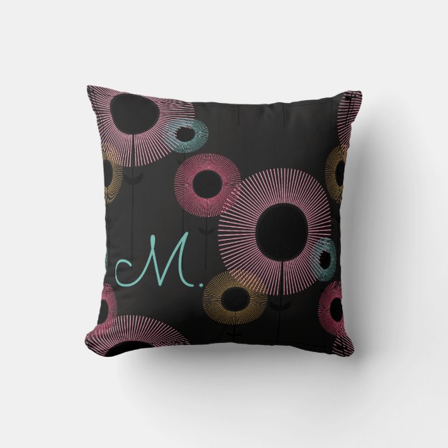 Colorful Tropical Minimal Floral Pattern Initial  Throw Pillow (Front)
