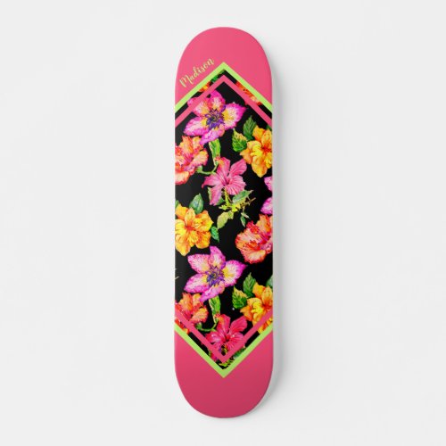 Colorful Tropical Modern Floral Personalized Name Skateboard