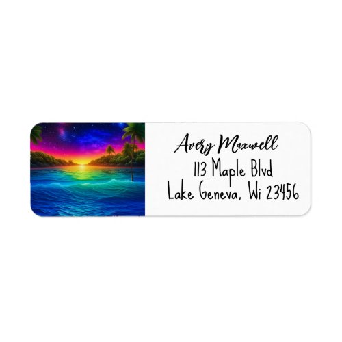 Colorful Tropical Ocean Sunset with Palm Trees Label
