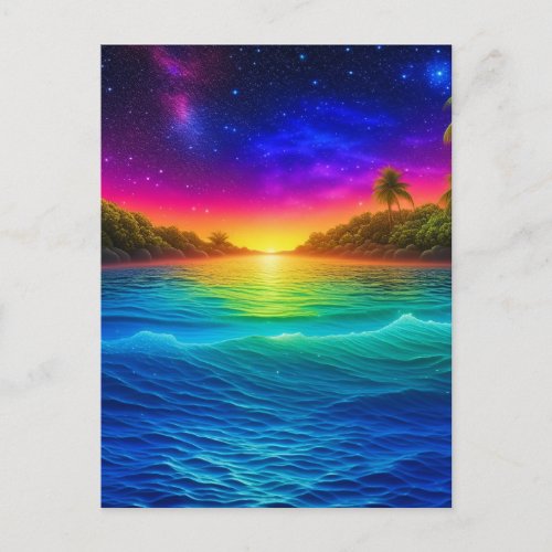 Colorful Tropical Ocean Sunset with Palm Trees Postcard