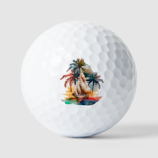 Colorful Tropical Palm and Sailboat Golf Balls (Front)