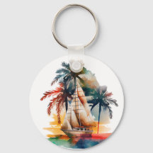 Colorful Tropical Palm and Sailboat Keychain