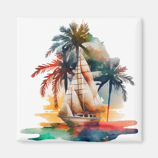 Colorful Tropical Palm and Sailboat Magnet (Front)