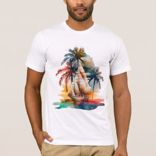 Colorful Tropical Palm and Sailboat Man's t-Shirt