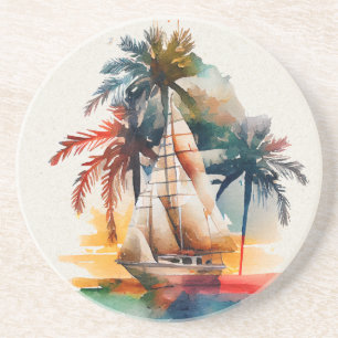 Colorful Tropical Palm and Sailboat Sandstone Coas Coaster