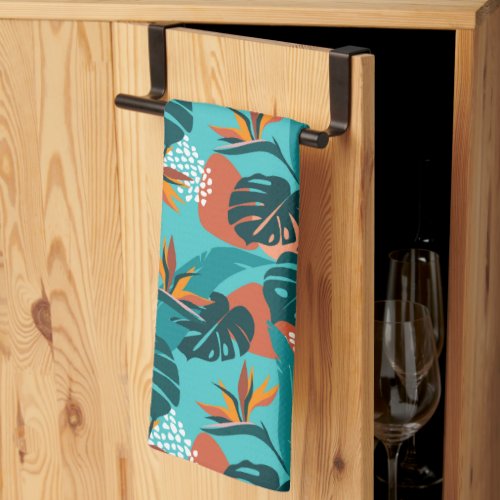 Colorful Tropical palm leaves and hibiscus flower Kitchen Towel