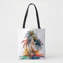Colorful Tropical Palm Sailboat Tote Bag